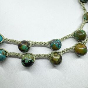 Green blue turquoise Stone Bead woven Bohemian Necklace Sterling Silver Closure